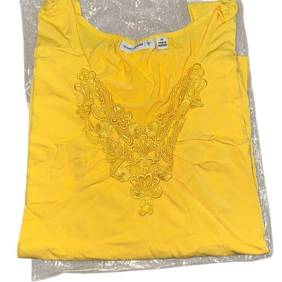Susan Graver Womens 3X Liquid Knit Swing Tank Yellow Lace Applique Stretch NWT - Picture 1 of 5